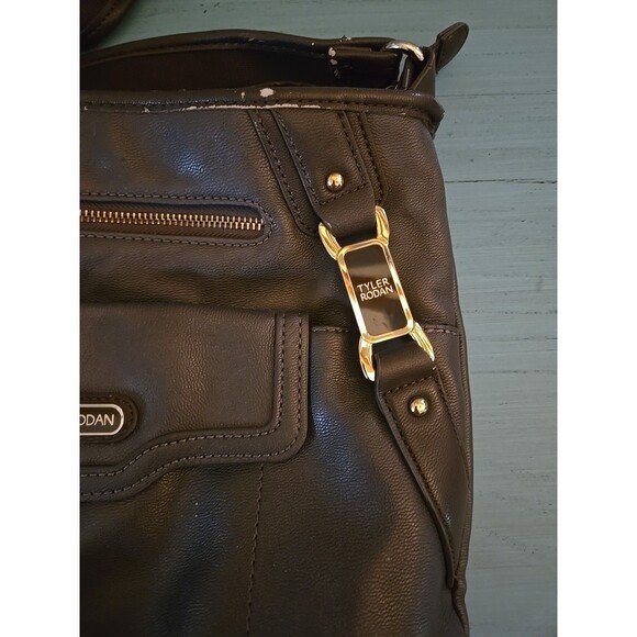 NWOT TYLER RODAN Chocolate Brown Purse, Black and Gold Detail Satchel Preowned - Picture 9 of 11